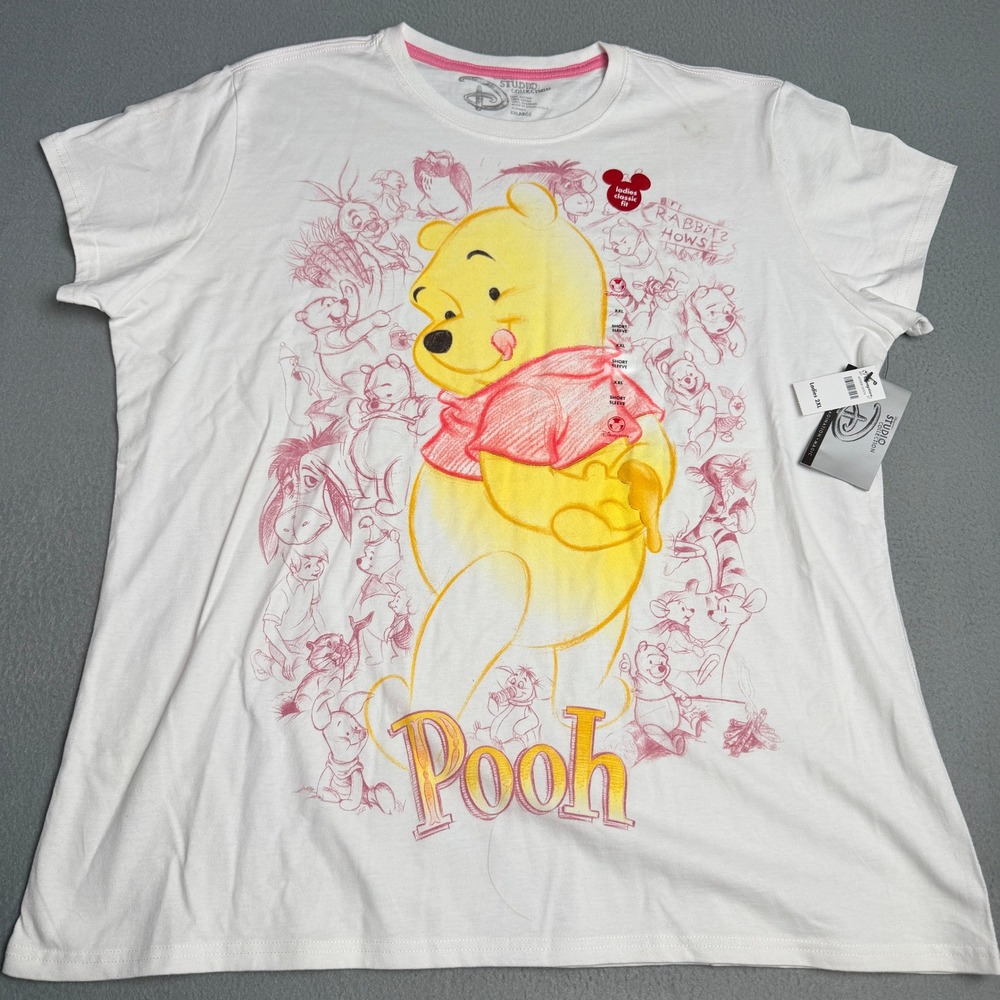 Disney Studio Collection Winnie the Pooh Sketch Graphic T-Shirt White Womens 2XL